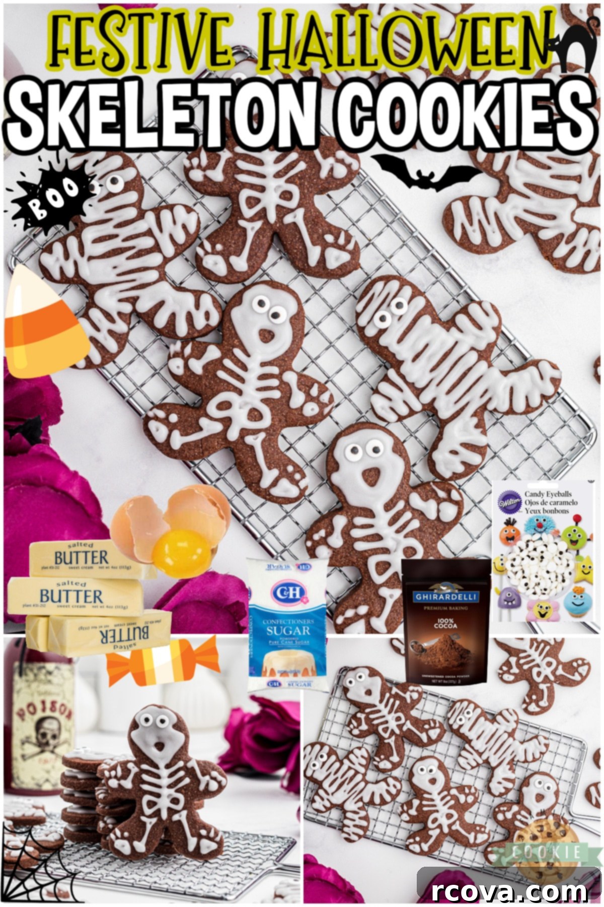 Sweetly Spooky Skeletons 7 Halloween Skeleton Cookies are festive & fun chocolate sugar cookies decorated in a perfectly creepy way! Simple cut-out skeleton cookies that are fun to make & enjoy!