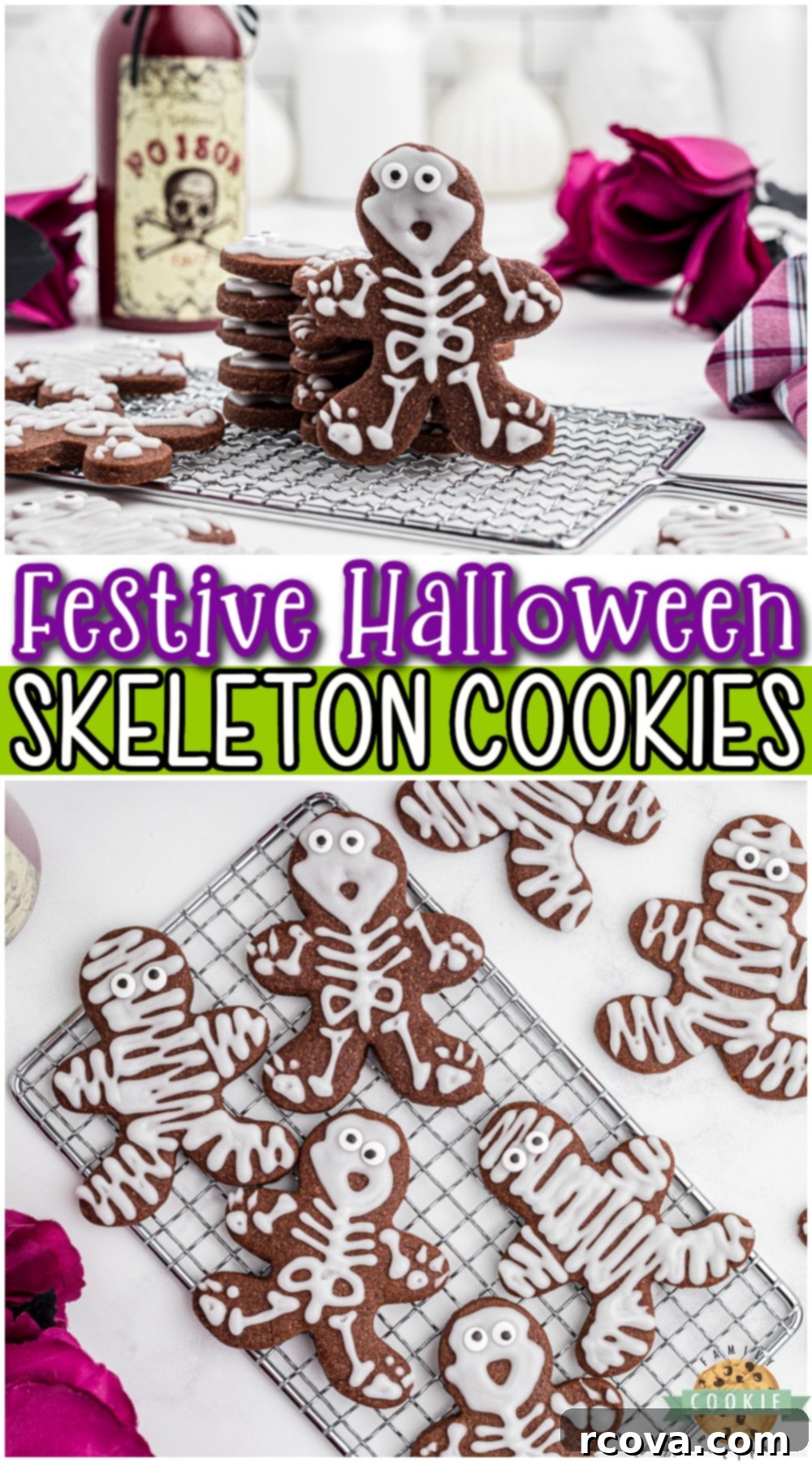 Sweetly Spooky Skeletons 10 Halloween Skeleton Cookies are festive & fun chocolate sugar cookies decorated in a perfectly creepy way! Simple cut-out skeleton cookies that are fun to make & enjoy!