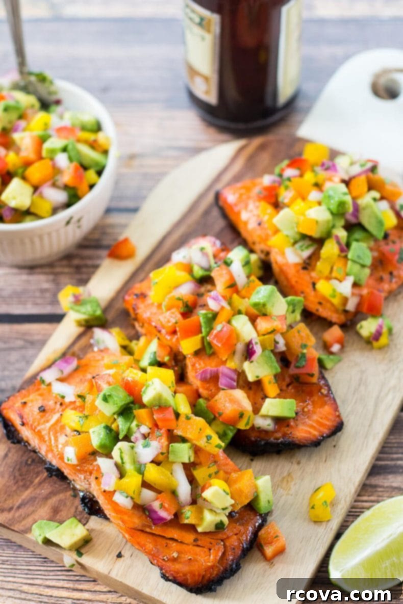 Effortless Grilled Salmon with Zesty Avocado Salsa 2 Easy BBQ Salmon with Avocado Salsa, ready for summer dinner