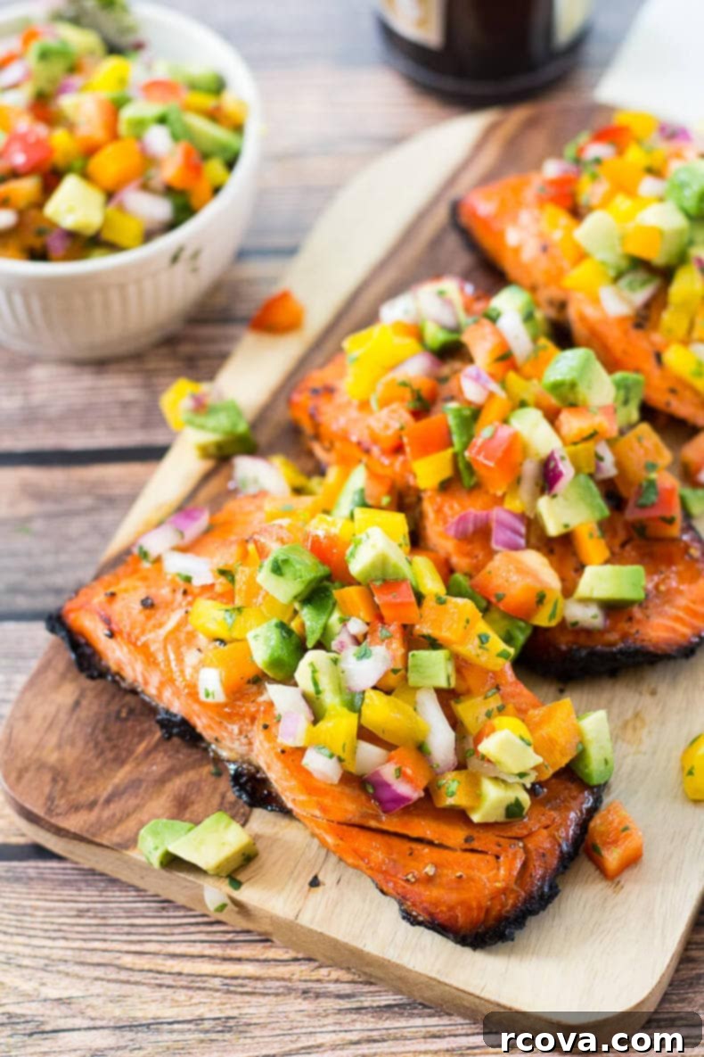 Effortless Grilled Salmon with Zesty Avocado Salsa 7 Platter of Easy BBQ Salmon with Avocado Salsa and side dishes