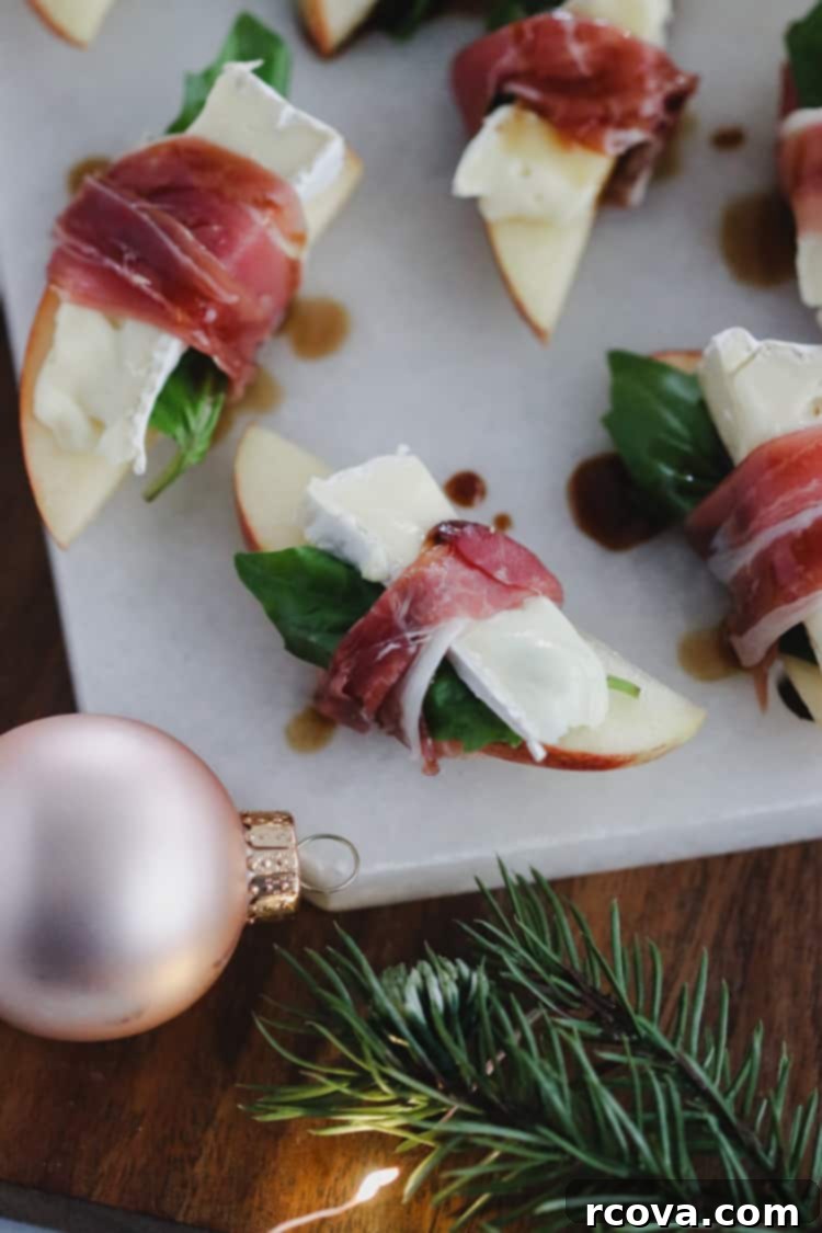 Silent Prosciutto Delight: Apple, Brie & Balsamic Bites 7 prosciutto wrapped apples with brie and balsamic
