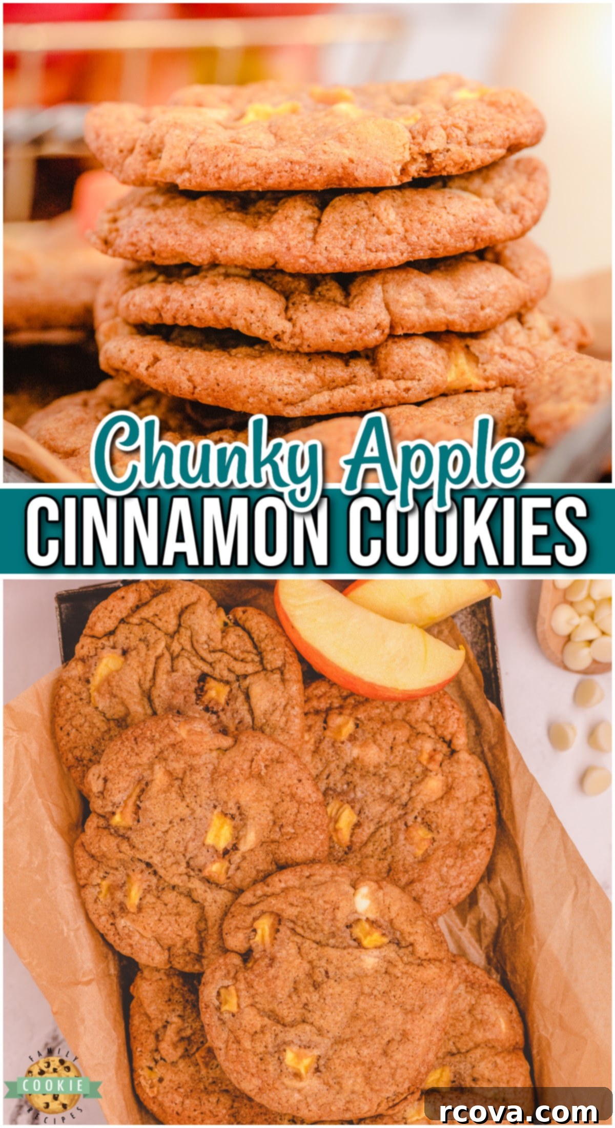 Hearty Apple Cinnamon Cookies 8 Apple Cinnamon Cookies are made with chunks of fresh apples, warm spices & white chocolate chips for the perfect Fall cookie!