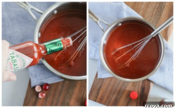 Slow Cooker Sweet and Spicy Cranberry Meatballs 3 Sweet and spicy cranberry BBQ sauce in a saucepan