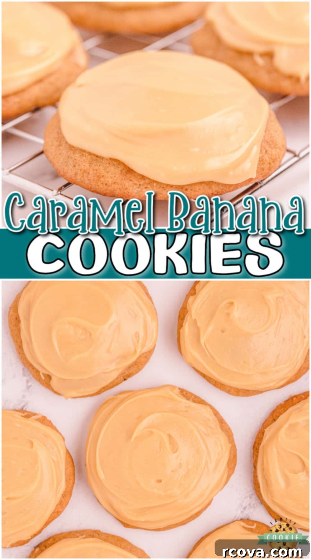 Banana Caramel Dream Cookies 12 Caramel Banana cookies made with ripe bananas & cinnamon spice, then topped with a warm caramel icing! Banana + Caramel is a fantastic combination in these soft, pillowy cookies!