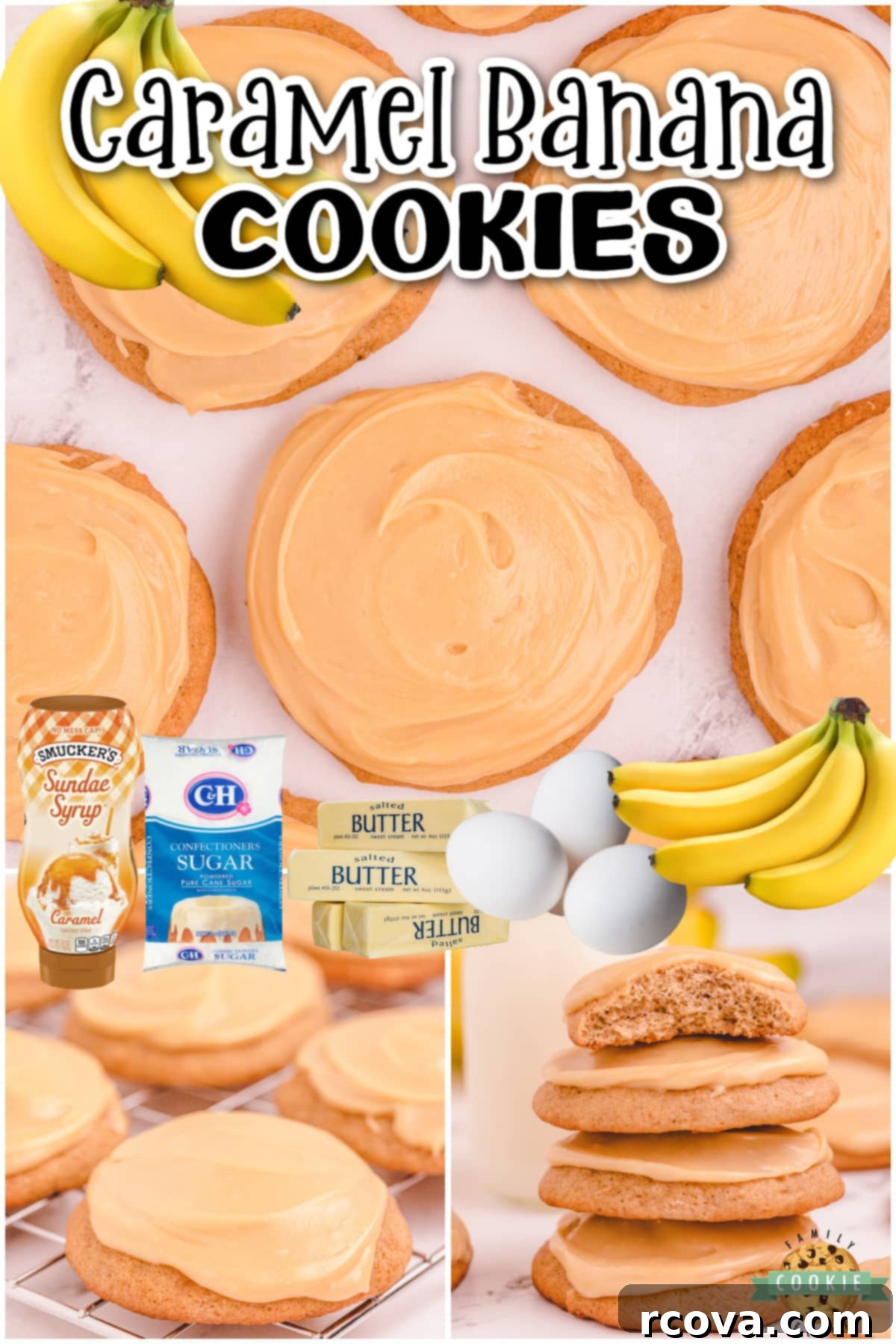 Banana Caramel Dream Cookies 7 Caramel Banana cookies made with ripe bananas & cinnamon spice, then topped with a warm caramel icing! Banana + Caramel is a fantastic combination in these soft, pillowy cookies!