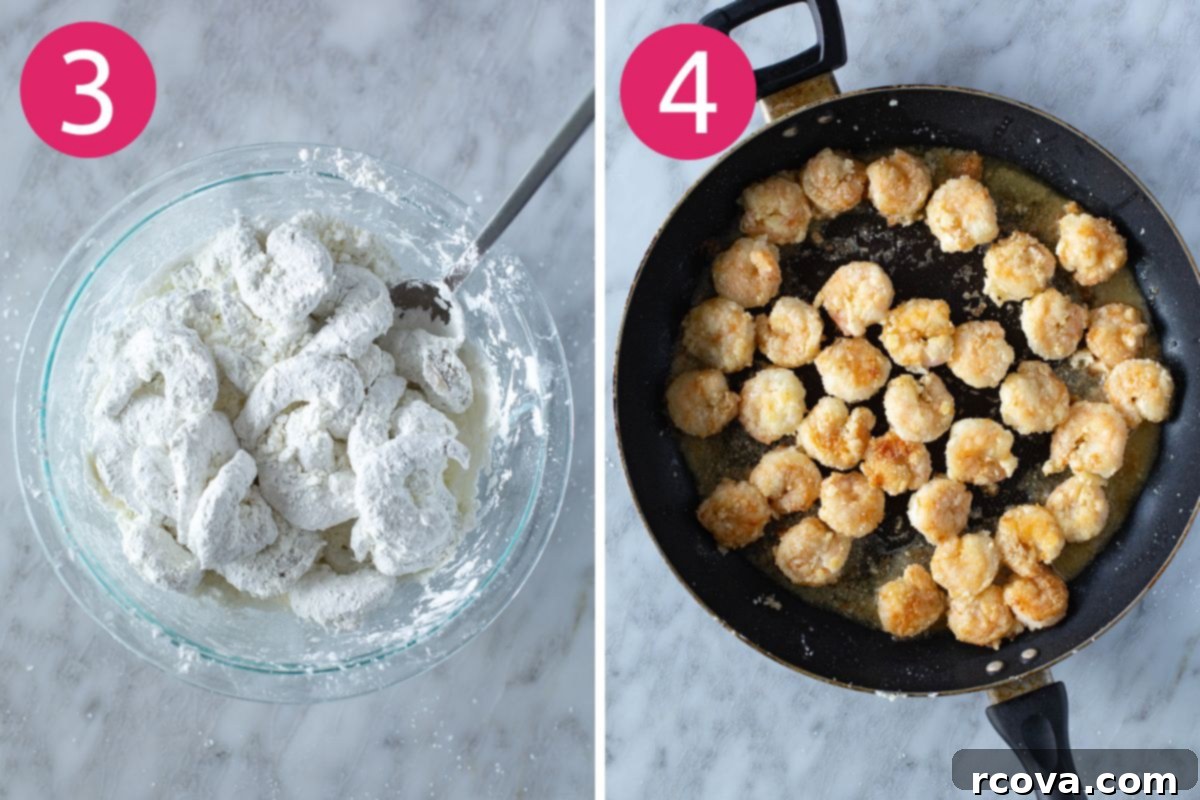 Spicy Bang Bang Shrimp Tacos 6 Steps 3 and 4 for making bang bang shrimp tacos, showing shrimp being coated in cornstarch and then fried in a pan