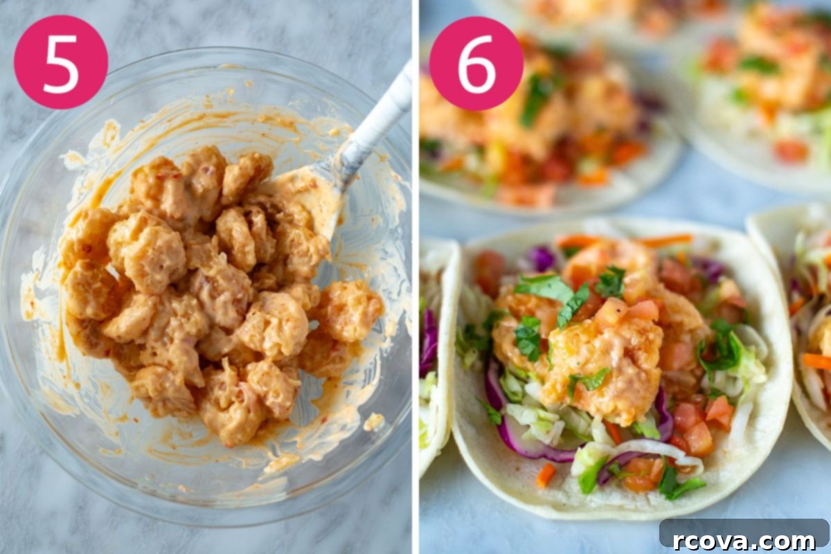 Spicy Bang Bang Shrimp Tacos 7 Steps 5 and 6 for making bang bang shrimp tacos, showing fried shrimp being tossed in bang bang sauce and an assembled taco
