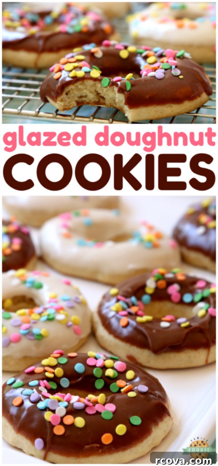 Glossy Donut Cookies 8 Glazed Donut Cookies are soft & pillowy donut-shaped cookies with a lovely chocolate or vanilla glaze & topped with sprinkles! Everything you love about donuts, only in cookie form! #cookies #donuts #baking #dessert #recipe #cookie from FAMILY COOKIE RECIPES