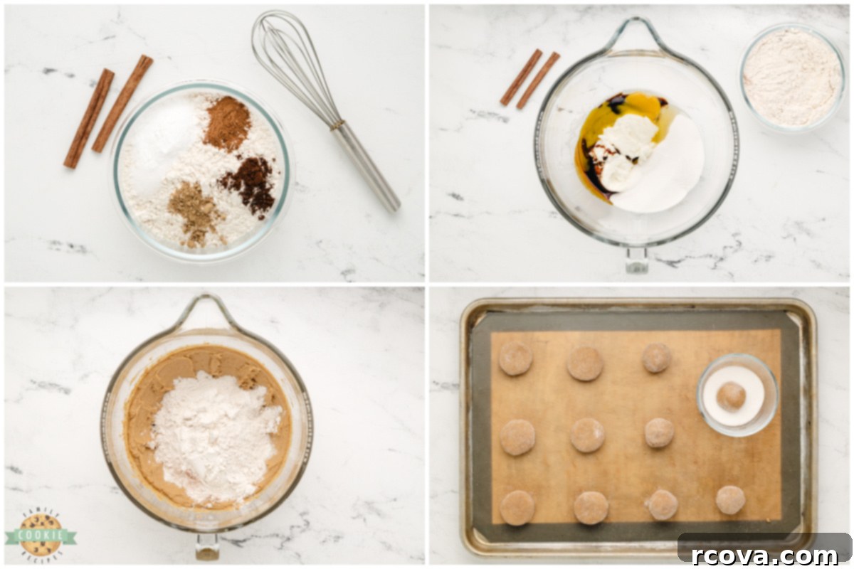 Cozy Ginger-Spiced Cookies 4 Step-by-step visual guide for making Soft Gingerbread Cookies, showing the mixing process and prepared dough balls ready for baking.