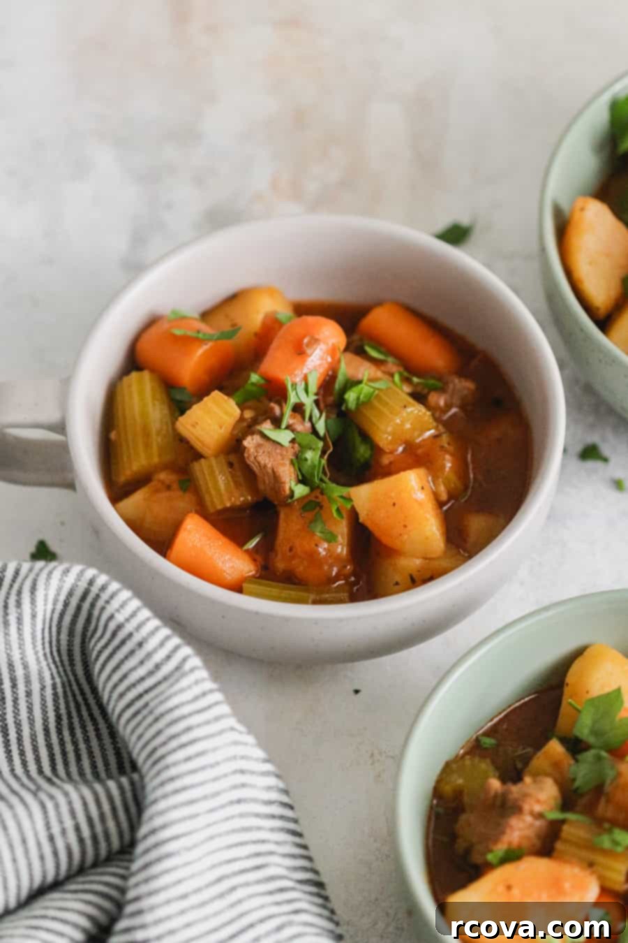 Effortless Instant Pot Beef Stew MeltInYourMouth Tender 6 Beef Stew with carrots, potatoes and celery in a white bowl