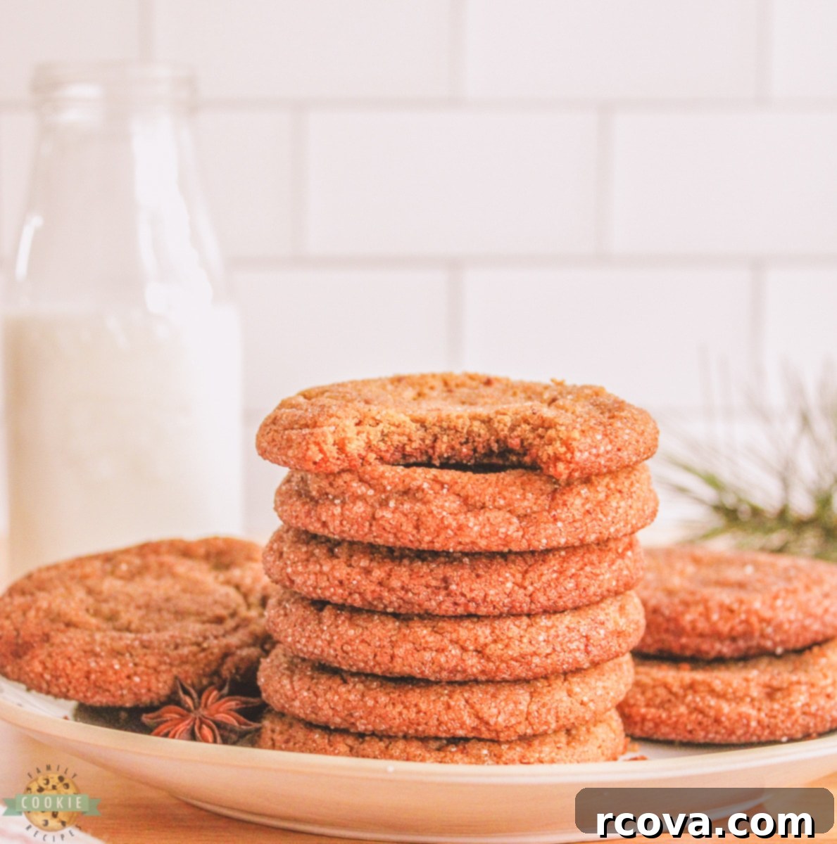 Warm Spiced Ginger Cookies 6 gingersnap cookies with a glass of milk