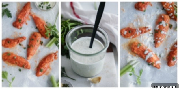 Crispy Air-Fried Gluten-Free Buffalo Tenders 5 Air fried gluten-free buffalo chicken tenders on a plate with fresh celery sticks and dairy-free ranch dressing, perfect for Whole30.