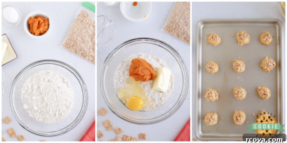 CTC Pumpkin Spice Cookies 4 Step-by-step visual of ingredients being combined to make Cinnamon Toast Crunch Pumpkin Cookies dough.