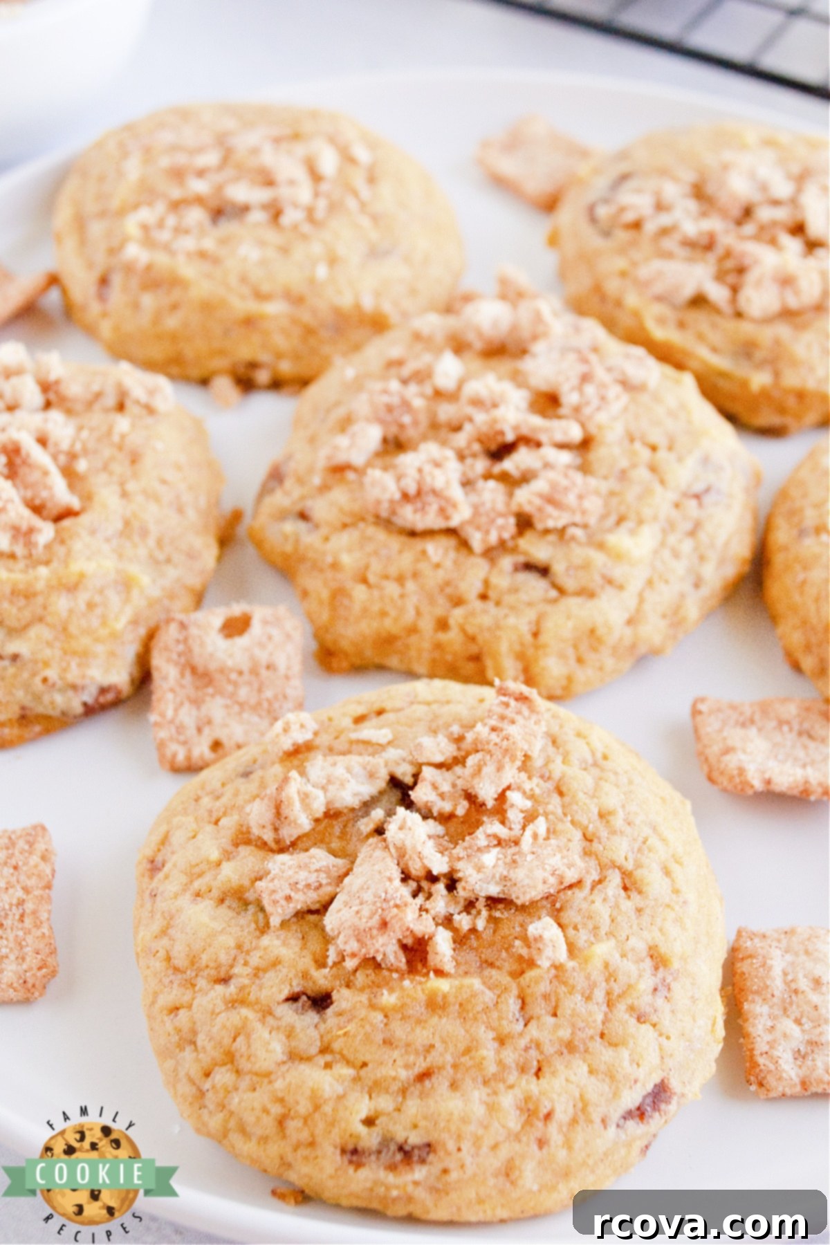 CTC Pumpkin Spice Cookies 9 A stack of Cinnamon Toast Crunch Pumpkin Cookies on a white plate, showcasing their delightful texture and topping.