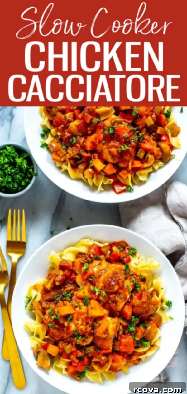 Rustic Slow Cooker Chicken Cacciatore 11 This Slow Cooker Chicken Cacciatore is an easy set-it-and-forget-it dinner! Serve this comfort food with egg noodles for a full meal. #slowcooker #chickencacciatore