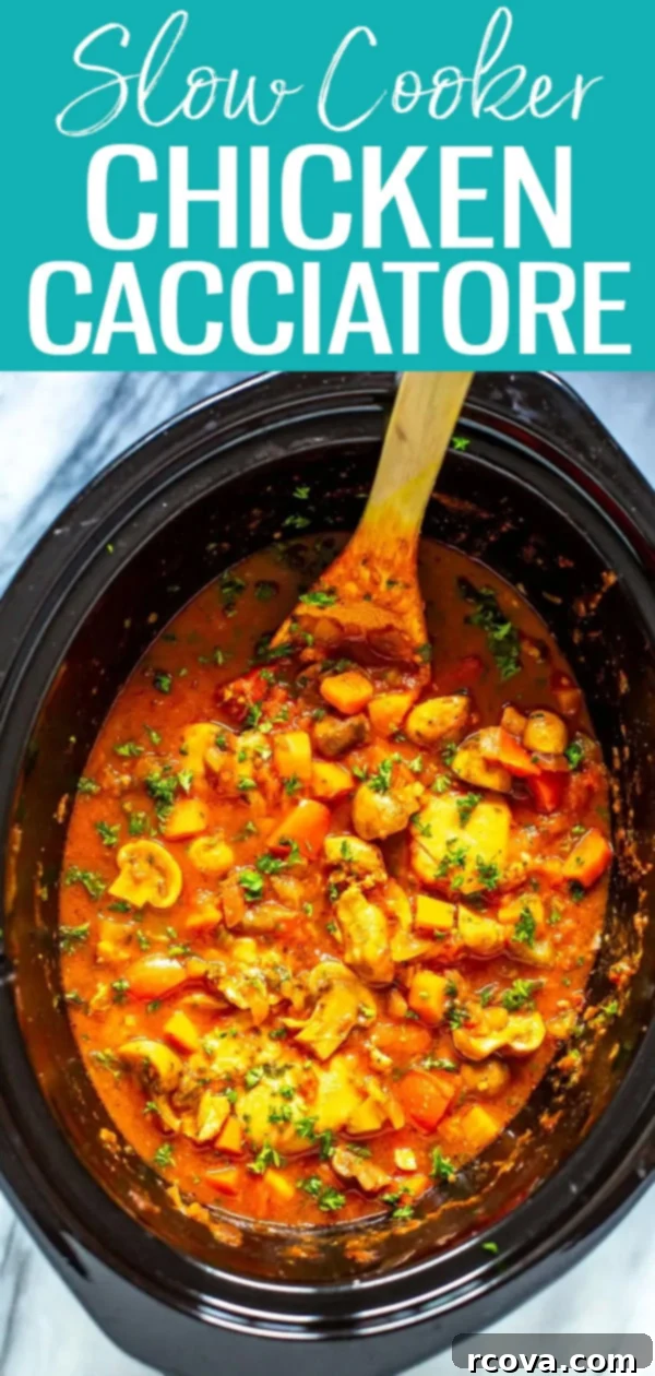 Rustic Slow Cooker Chicken Cacciatore 12 This Slow Cooker Chicken Cacciatore is an easy set-it-and-forget-it dinner! Serve this comfort food with egg noodles for a full meal.#slowcooker #chickencacciatore