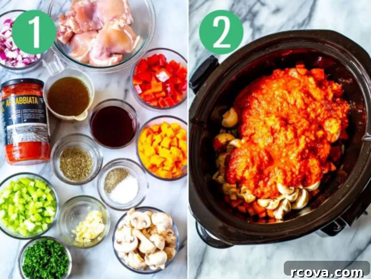 Rustic Slow Cooker Chicken Cacciatore 5 Steps 1 and 2 for making slow cooker chicken cacciatore: Assemble fresh ingredients and carefully add them into the slow cooker pot.