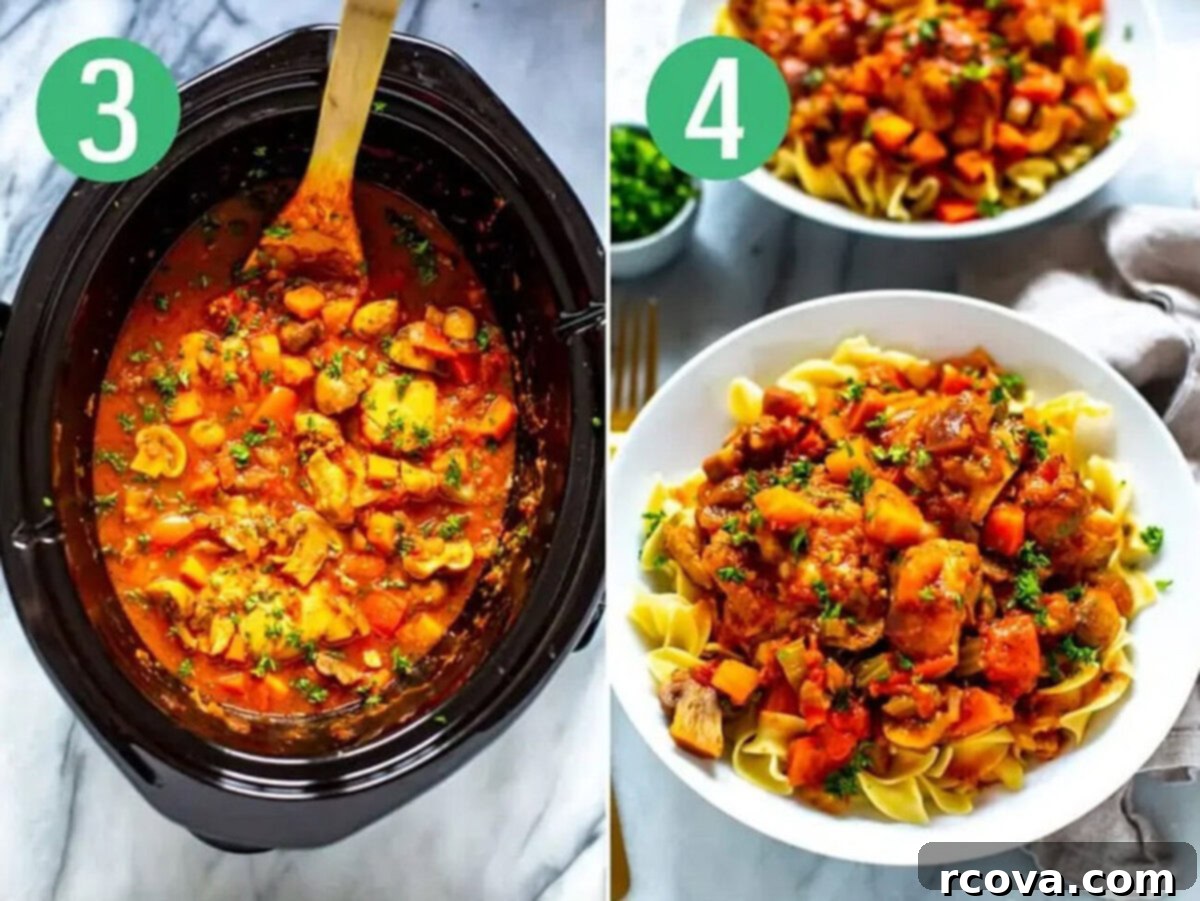 Rustic Slow Cooker Chicken Cacciatore 6 Steps 3 and 4 for making slow cooker chicken cacciatore: Cooking the dish until tender, then serving the rich cacciatore over cooked egg noodles and garnishing with fresh herbs.