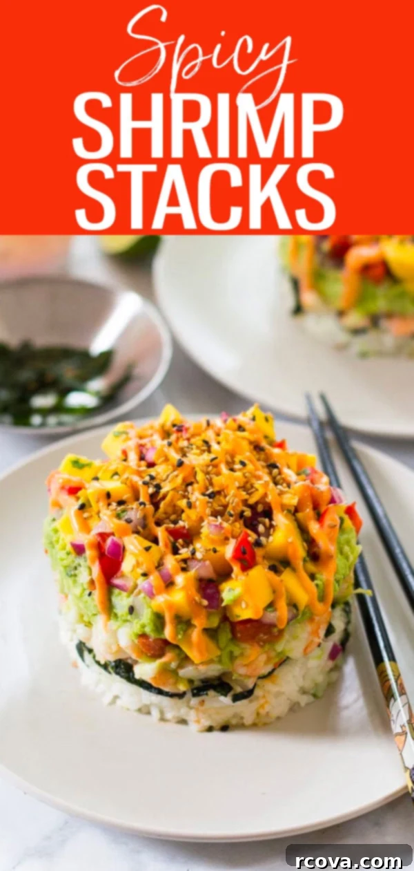 Fiery Shrimp Piles with Tropical Mango Relish 10 These Spicy Shrimp Stacks are a fun twist on the spicy California roll topped with fresh guacamole, bang bang sauce and homemade mango salsa. #spicysushi #shrimpstacks