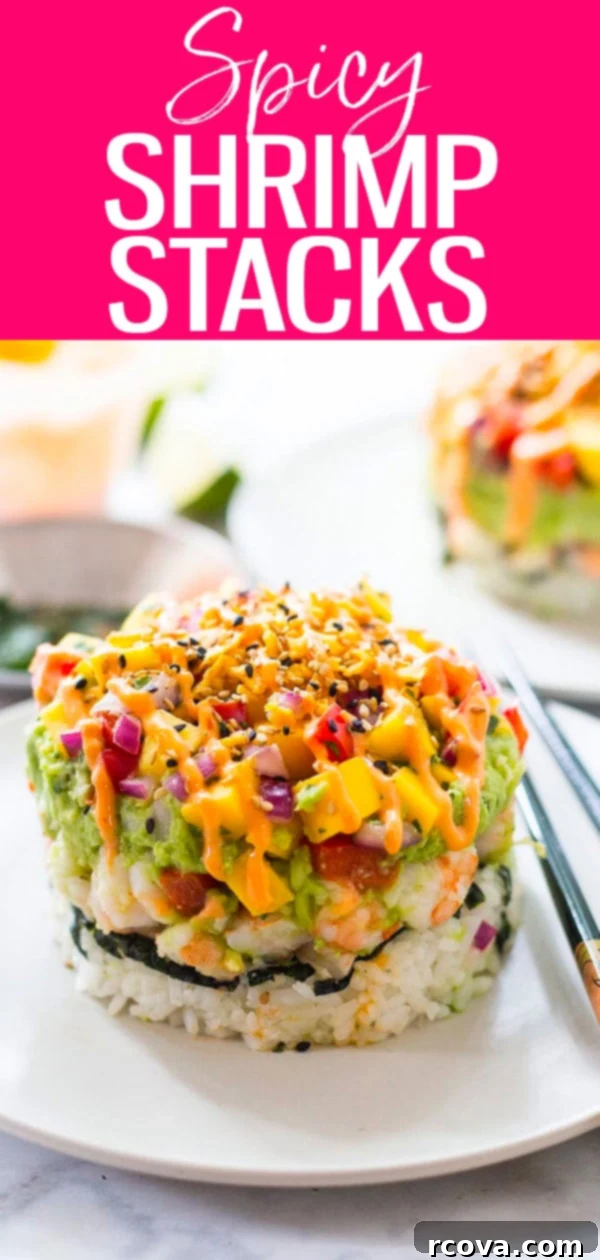 Fiery Shrimp Piles with Tropical Mango Relish 11 These Spicy Shrimp Stacks are a fun twist on the spicy California roll topped with fresh guacamole, bang bang sauce and homemade mango salsa. #spicysushi #shrimpstacks