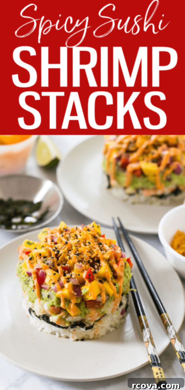 Fiery Shrimp Piles with Tropical Mango Relish 12 These Spicy Shrimp Stacks with Mango Salsa are a fun twist on a spicy California roll, topped with guacamole & drizzled with Bang Bang sauce! #spicysushi #shrimpstacks