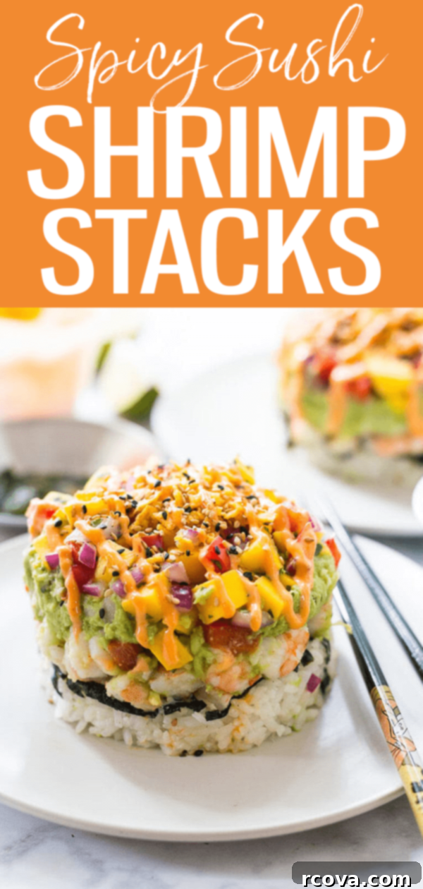 Fiery Shrimp Piles with Tropical Mango Relish 13 These Spicy Shrimp Stacks with Mango Salsa are a fun twist on a spicy California roll, topped with guacamole & drizzled with Bang Bang sauce! #spicysushi #shrimpstacks