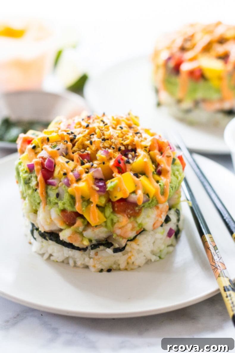 Fiery Shrimp Piles with Tropical Mango Relish 7 Spicy Shrimp Stack with Mango Salsa