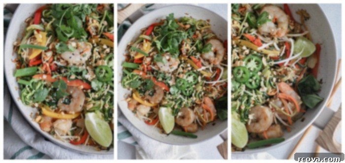 Whole30 Shrimp Pad Thai Paleo Low Carb 7 Overhead shot of Whole30 Shrimp Pad Thai in a skillet, ready to be served.