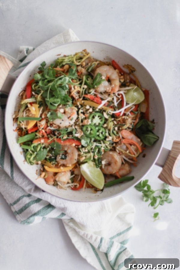 Whole30 Shrimp Pad Thai Paleo Low Carb 9 A close-up shot of the finished Whole30 Shrimp Pad Thai dish, garnished and ready to eat.