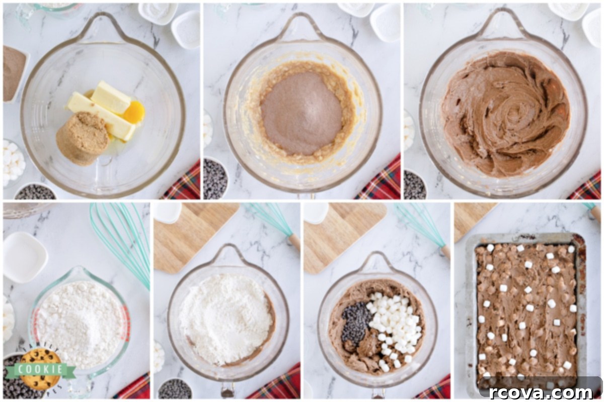 Swiss Miss Chocolate Chip Cookie Bar Bliss 5 Step-by-step imagery showing the process of mixing ingredients for Hot Cocoa Chocolate Chip Cookie Bars, from wet ingredients to adding dry and folding in chips and marshmallows.