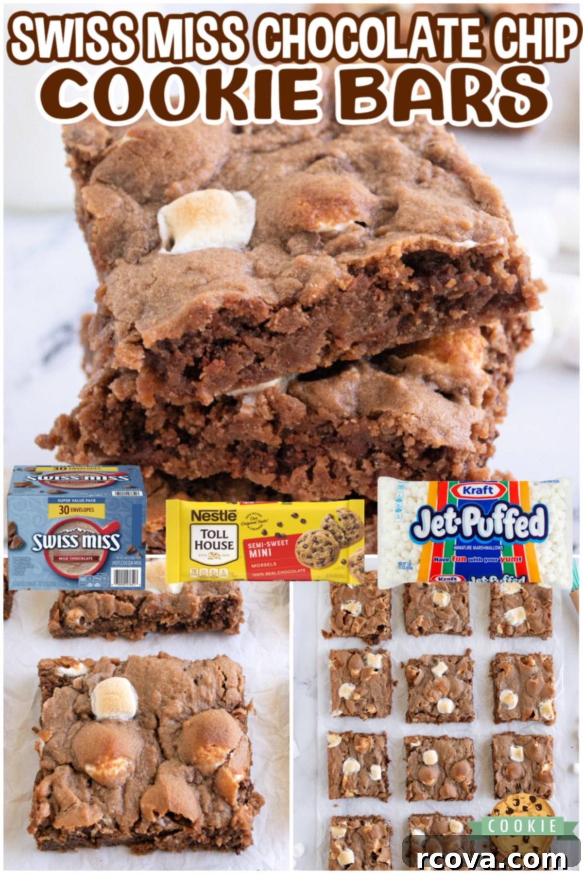 Swiss Miss Chocolate Chip Cookie Bar Bliss 7 Beautifully cut Swiss Miss Chocolate Chip Cookie Bars, showcasing the layers of chocolate and marshmallow, ready for serving.
