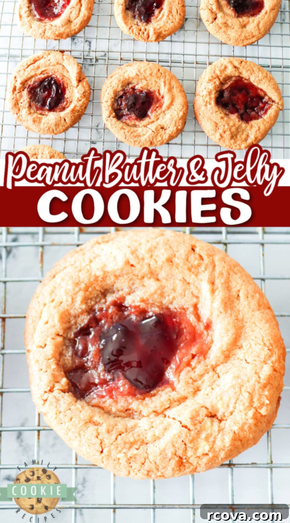 Peanut Butter Jelly Cookie Dreams 12 A vibrant display of freshly baked Peanut Butter and Jelly Cookies, perfectly golden with glistening jelly centers, ready to be enjoyed.