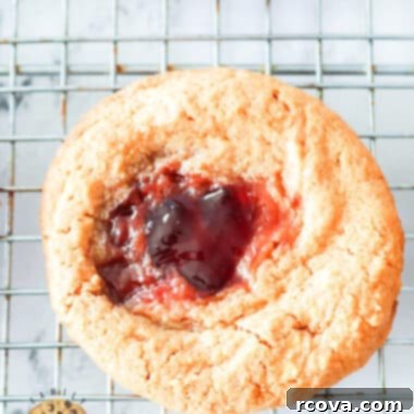 Peanut Butter Jelly Cookie Dreams 9 A delicious 4-ingredient Peanut Butter and Jelly cookie, showcasing its golden-brown base and vibrant jelly center.