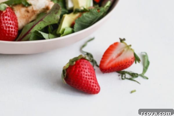 Luscious Strawberry Caprese Chicken Salad with Maple Balsamic Vinaigrette 3 Close-up of fresh strawberries and mozzarella in a Strawberry Caprese Chicken Salad