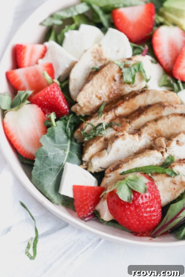 Luscious Strawberry Caprese Chicken Salad with Maple Balsamic Vinaigrette 4 Overhead view of a prepared Strawberry Caprese Grilled Chicken Salad
