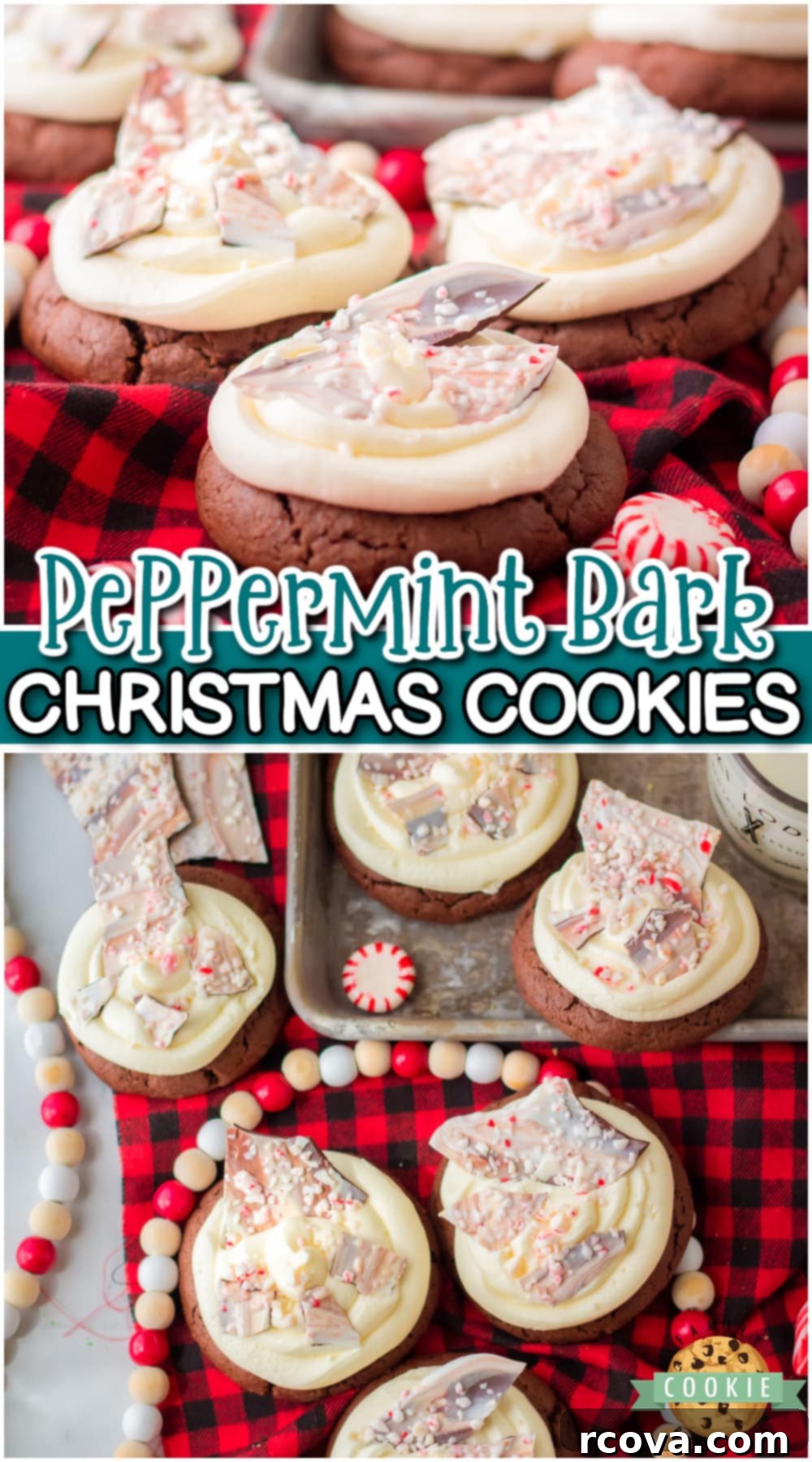 Candy Cane Crunch Cookies 12 Peppermint Bark Cookies are presented as the ultimate Christmas cookies and a sensational holiday dessert, featuring bakery-style chocolate cookies topped with peppermint buttercream and homemade peppermint bark.