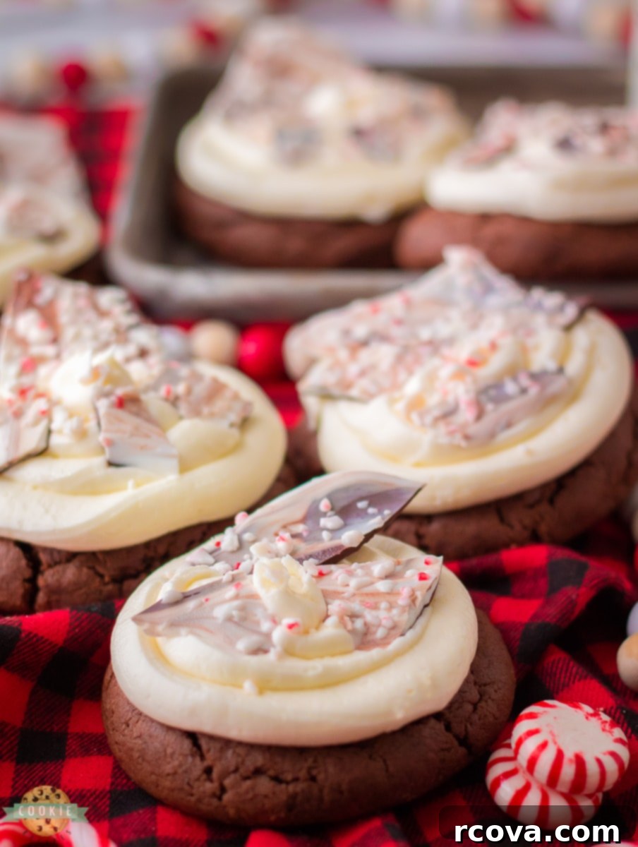 Candy Cane Crunch Cookies 3 Frosted peppermint bark cookies decorated with real peppermint candy pieces.
