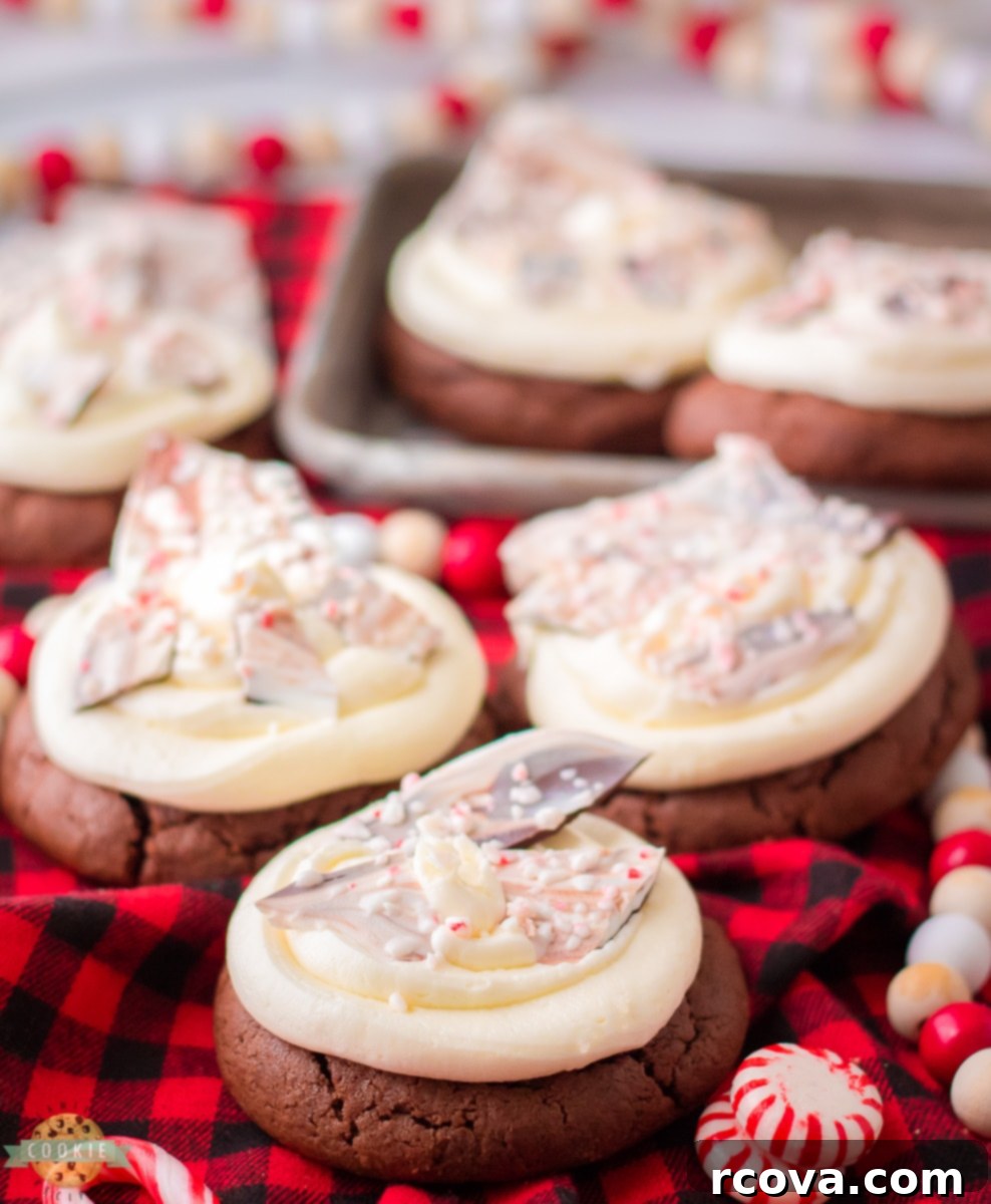 Candy Cane Crunch Cookies 4 Close-up of holiday chocolate peppermint cookies on a cooling rack, showing the detail of the bark.
