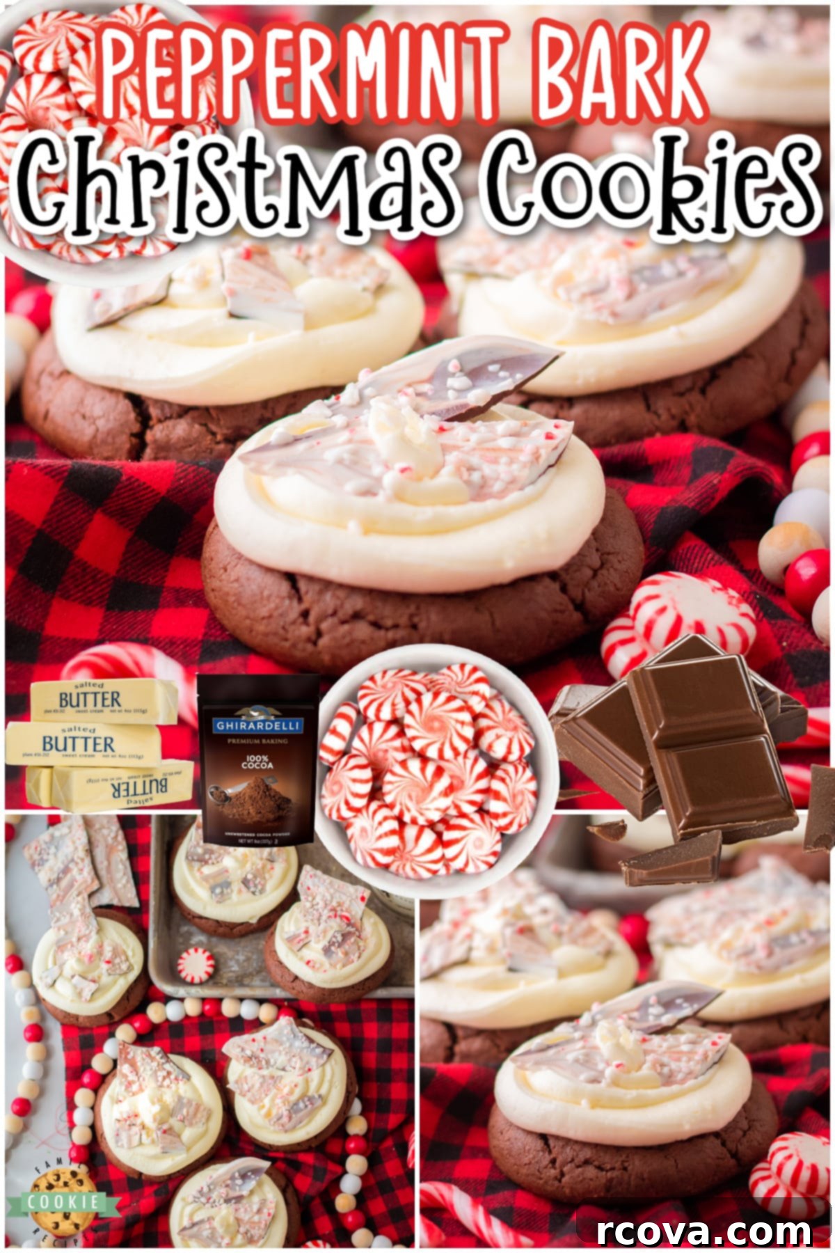 Candy Cane Crunch Cookies 5 A collage of delicious Peppermint Bark Cookies, showcasing them as the ultimate Christmas cookie and a sensational holiday dessert. Bakery-style chocolate cookies are topped with creamy peppermint buttercream and homemade peppermint bark.
