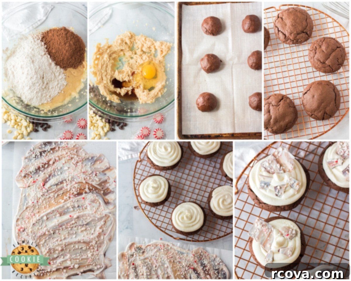 Candy Cane Crunch Cookies 6 Step-by-step image guide on how to make peppermint bark chocolate cookies.
