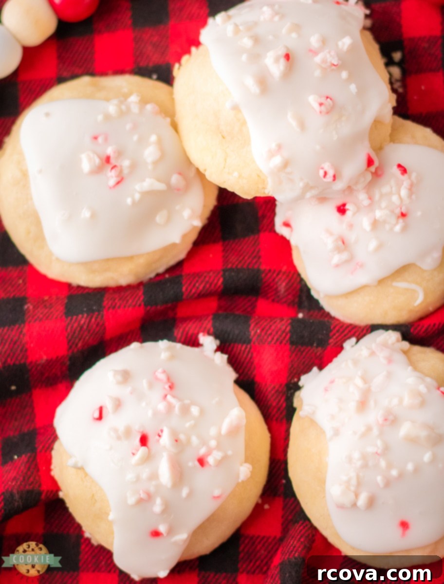 Velvet Peppermint Melts 5 meltaway cookies with peppermint icing, close up shot
