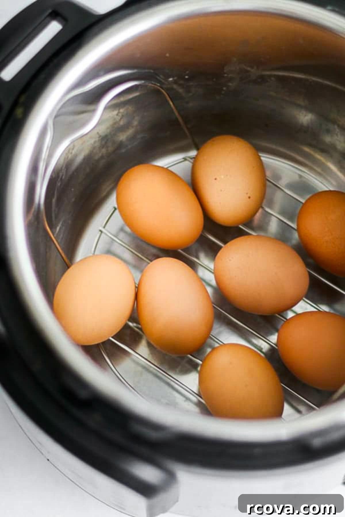 Instant Pot Deviled Eggs Fast & Fabulous 5 Eggs neatly placed on a metal trivet inside an Instant Pot, ready for pressure cooking.