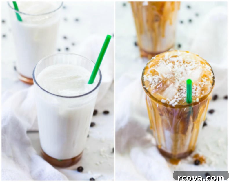 Tropical Salted Caramel Iced Macchiato 5 Ingredients for Iced Coconut Milk Caramel Macchiatos laid out on a table, including coconut milk, espresso, and caramel syrup.