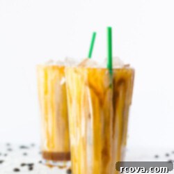 Tropical Salted Caramel Iced Macchiato 8 Two glasses of homemade Iced Coconut Milk Caramel Macchiatos.
