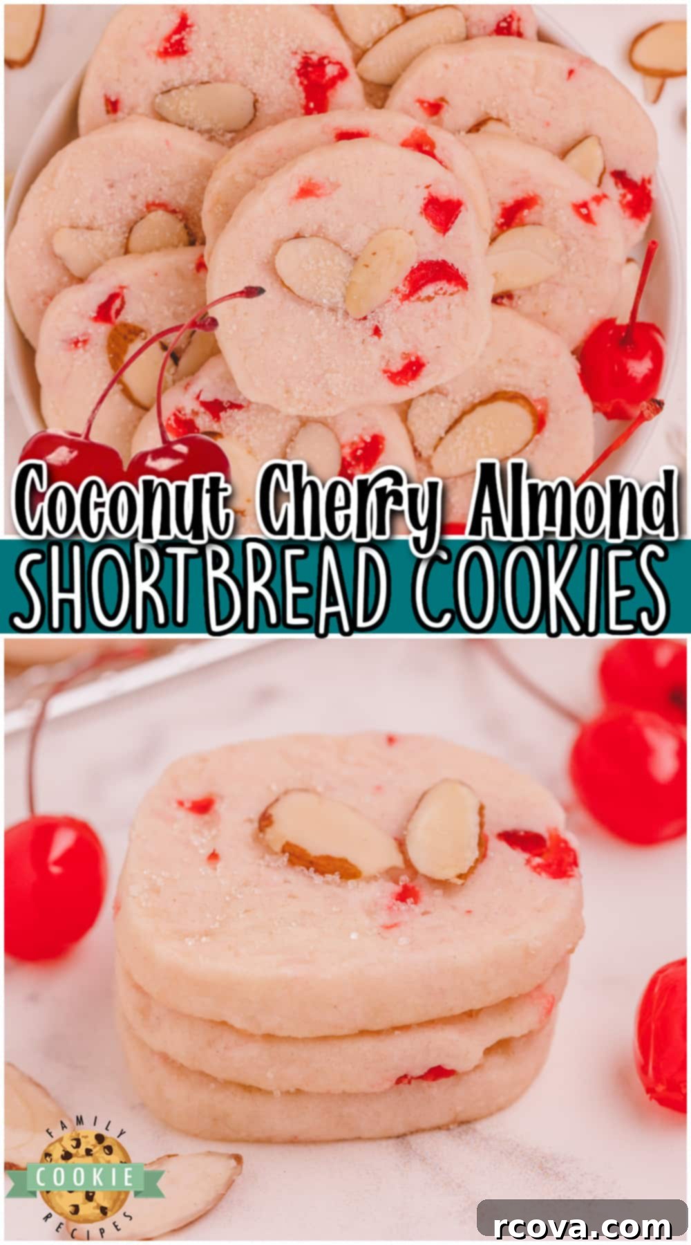 Tropical Cherry Almond Shortbread 12 Coconut Almond Cherry Shortbread Cookies are tender, buttery cookies with lovely cherry flavor! This recipe for almond shortbread cookies is made with juicy cherries, coconut & sliced almonds.