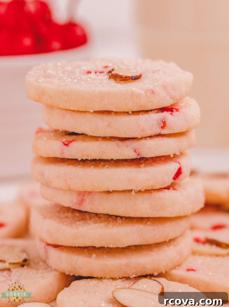 Tropical Cherry Almond Shortbread 3 stack of cherry shortbread cookies