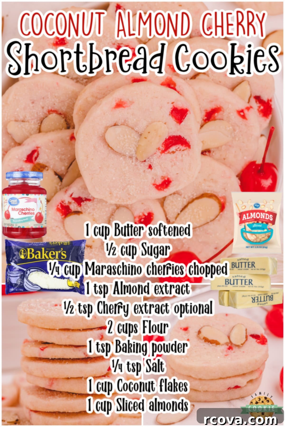 Tropical Cherry Almond Shortbread 8 Coconut Almond Cherry Shortbread Cookies are tender, buttery cookies with lovely cherry flavor! This recipe for almond shortbread cookies is made with juicy cherries, coconut & sliced almonds.