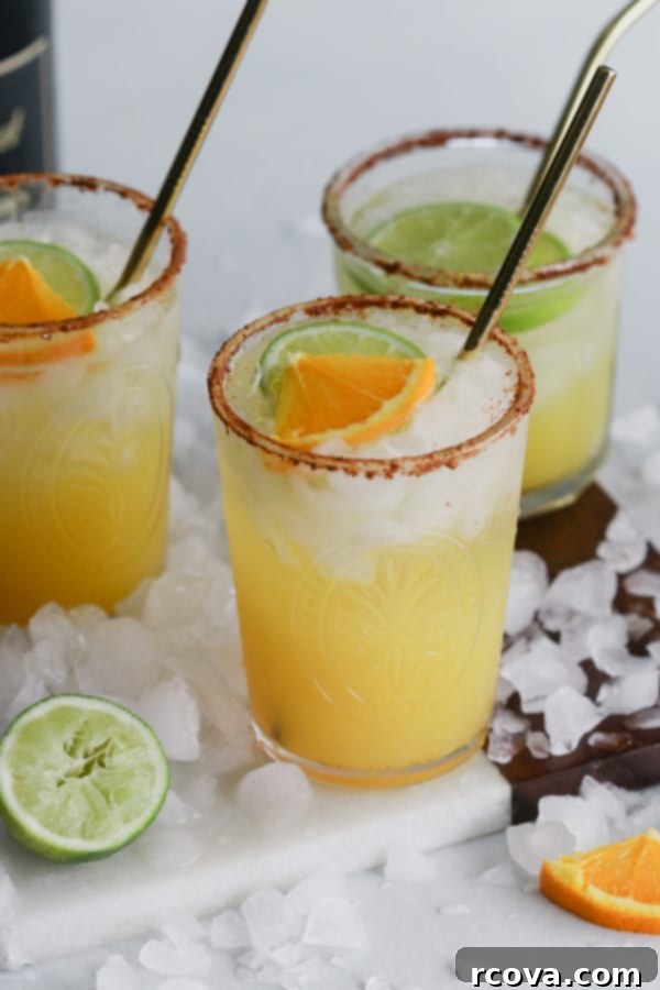 Sparkling Mimosa Margaritas 4 Close-up of a Mimosa Margarita with a cinnamon-salt rim and citrus garnish