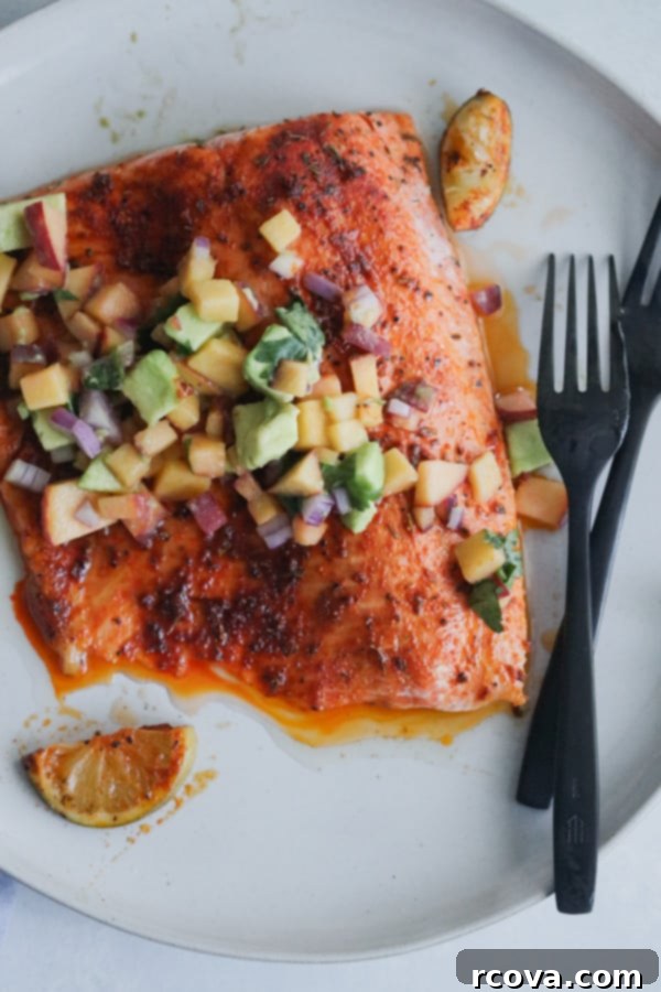 Blackened Salmon with Bright Peach Avocado Salsa 6 whole30 blackened salmon with peach avocado salsa