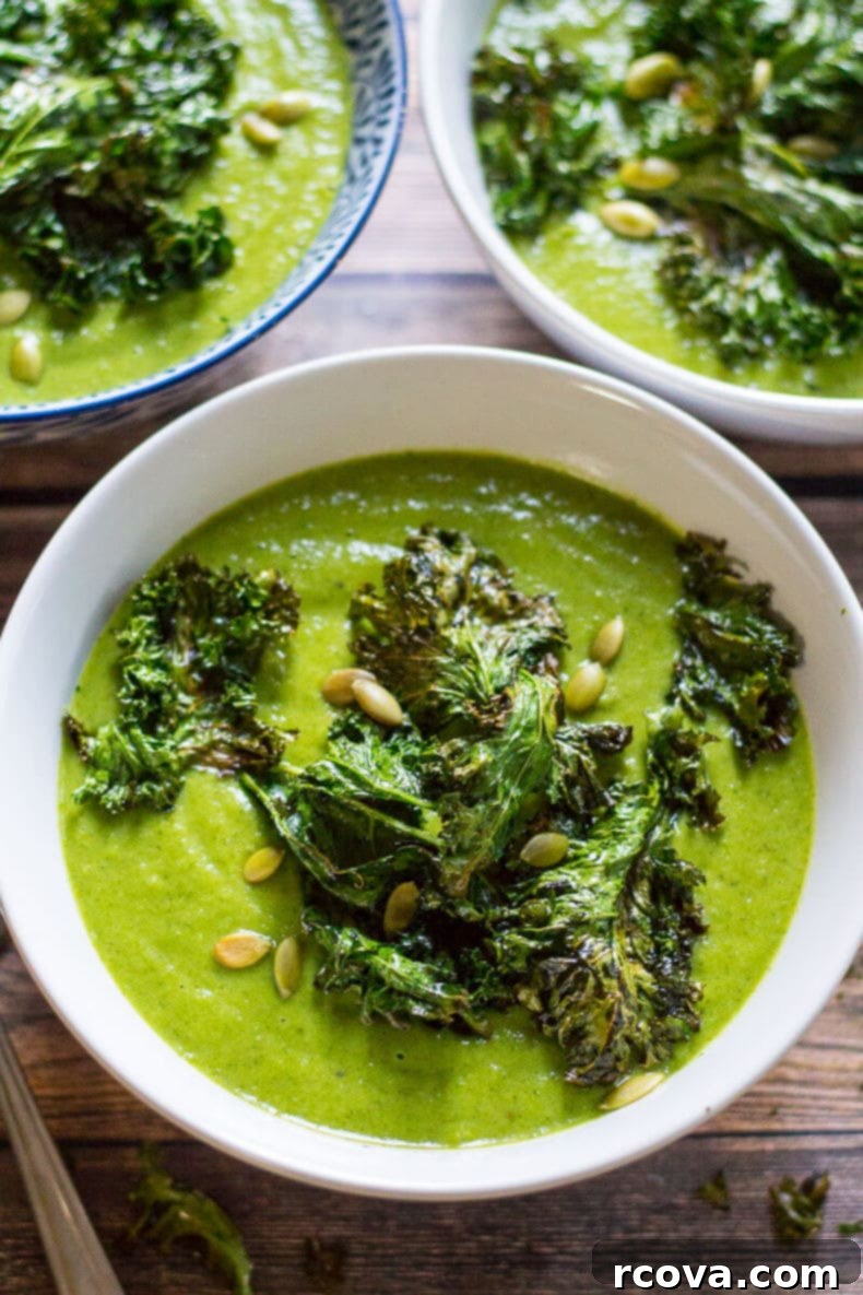 Emerald Vegan Broccoli Velouté 7 Green Goddess Vegan Broccoli Soup with Kale Chips